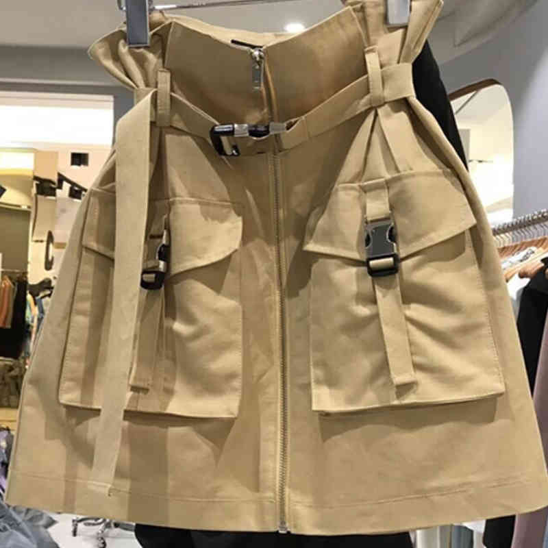 Nomikuma Safari Style Double Pocket Woman Skirts Zipper Belt High Waist Mini A-line Skirt Spring Summer Mujer Faldas 6G670 210427