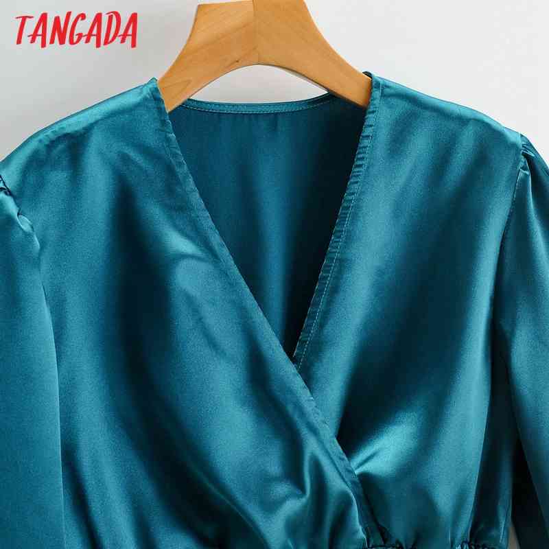 Women Retro Solid Satin Crop V Neck Chic Female Slim Shirt Tops 1F79 210416