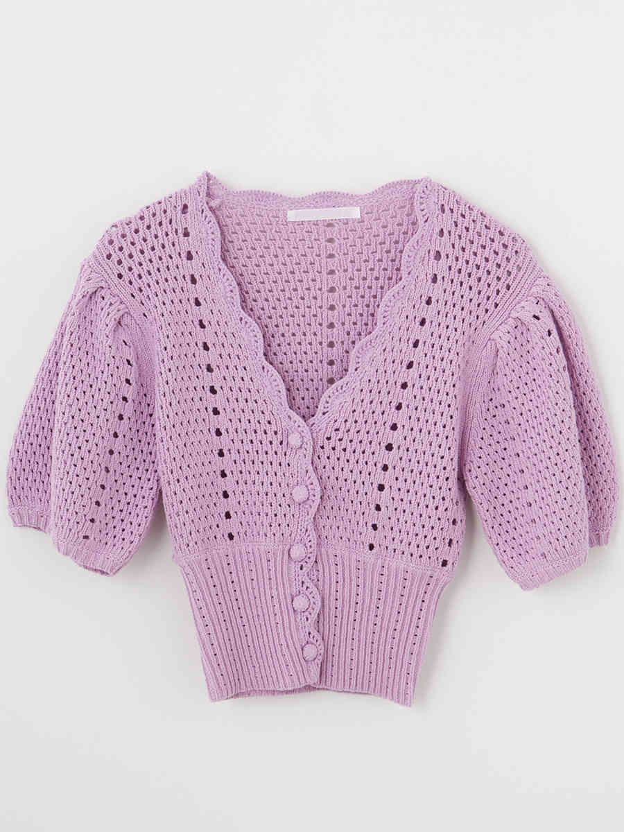 Korean Hollow Knitted Women Cardigan Tops Puff Sleeve V-neck Single-breasted Sweater Fashion Elegant Ladies Jumpers Femme 210514