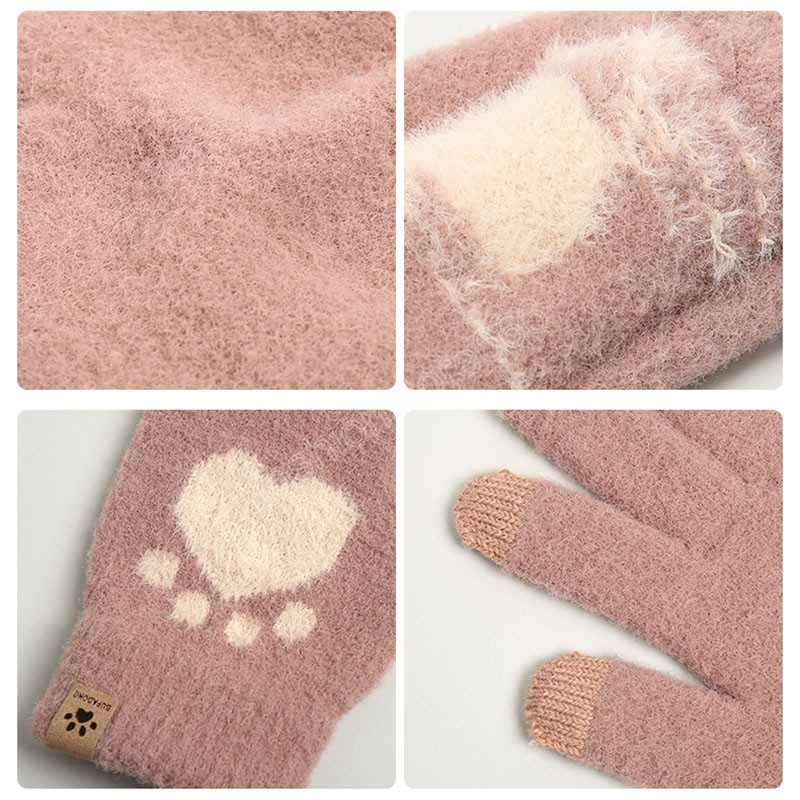 Winter Warm Soft Women Touch Screen Gloves Sweet Heart Print Fuzzy Full Fingers Gloves Cute Kawaii Female Knit Mittens