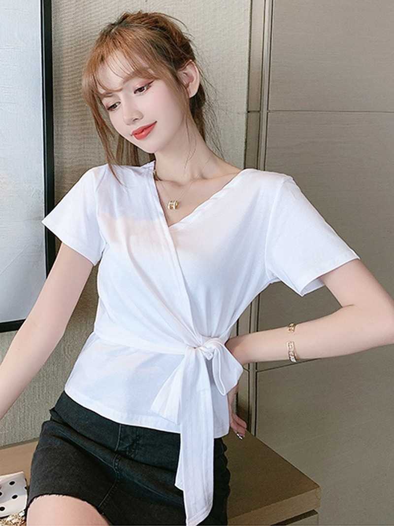 Spring/Summer Korean Fashion and Elegant OL Women's T-shirt White Lace-up Thin Short 210615Z