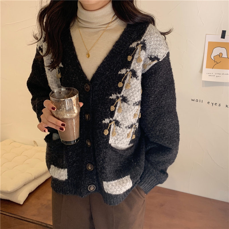 Women Feminine Vintage Office Lady Retro Oversize Warm Loose Knitted V-neck All-Match Slim Cardigans Sweaters 210421