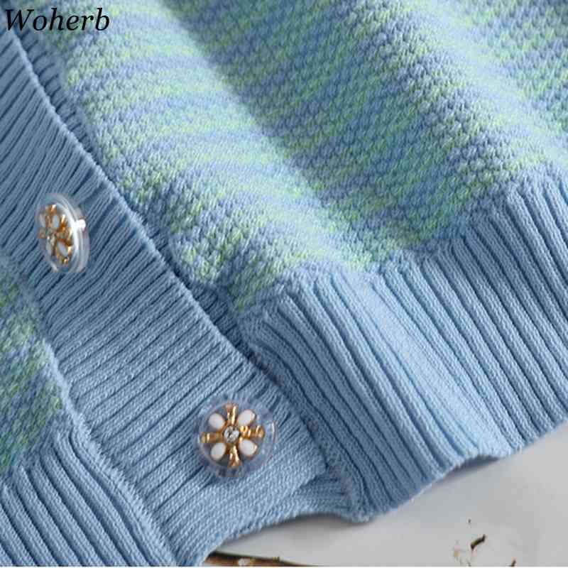Vintage Elegant Knitted Cardigan Women Short Sleeve Striped Button Up Sweet Ladies Summer Korean Fashion Female Tops 210519