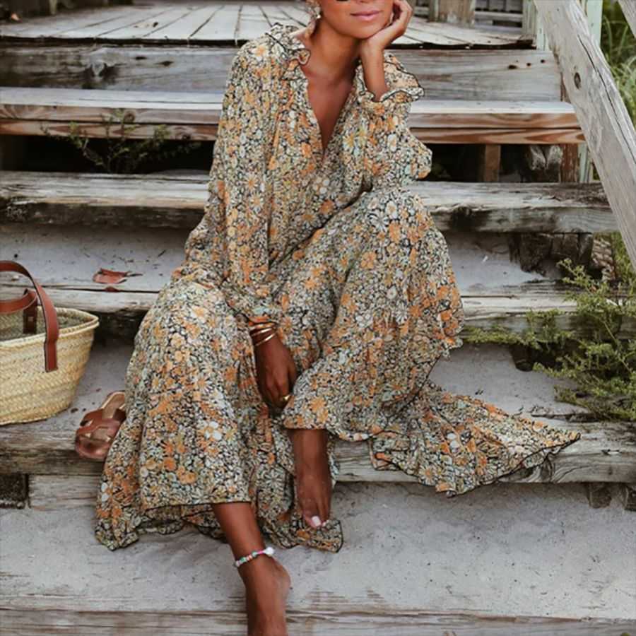 Women Dress V-neck Long Sleeve Print Vintage Dresses Plus Size Flowers Sexy Maxi Fashion 210524