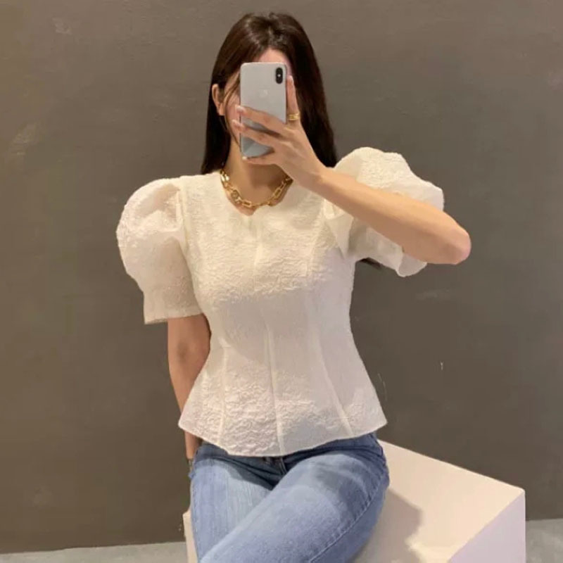 Korea Style Chic Bubble Sleeve Round Neck Women Blosue Short Slim Shirt Office Lady Top Female 13945 210427