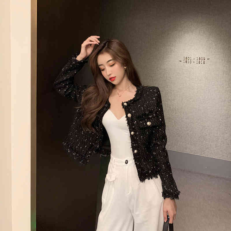 Small Fragrance Women Tweed Outerwear Autumn Winter Single Breasted Tassel Blends Wool Female Long Sleeve Jacket Coat 210518