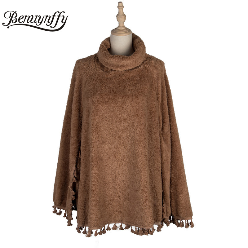 Elegant Solid Hairy Tassel Poncho Women Autumn winter Turtleneck Cloak Sleeve Cape Coat Female Casual Outerwear 210510