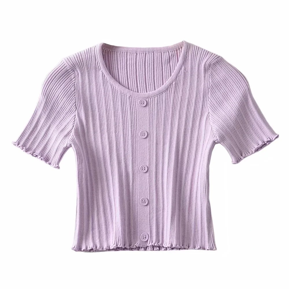 CHIC Korea Sexy Wood ears Buttons O neck Short sleeve Tee Pullover Croptop Women Knitted Tight t shirt Crop Tops Knitwear 210429