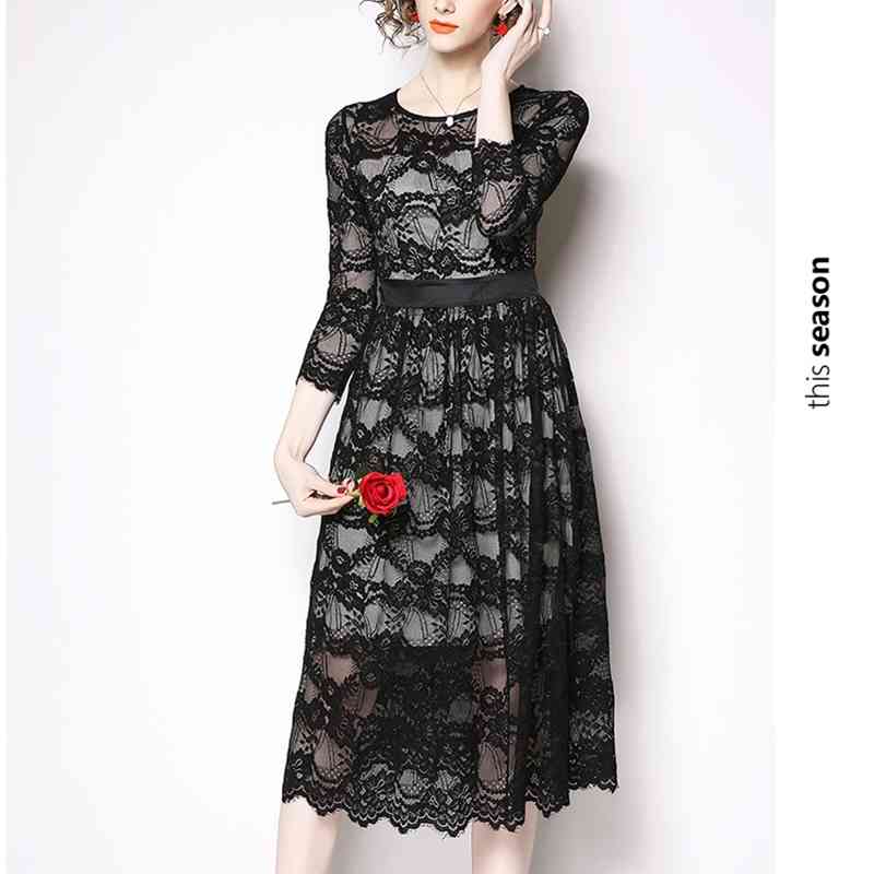 Arrival Women Sexy Lace Hollow Out Patchwork Dress Female Casual Black Pleated Dresses Vestidos 210520