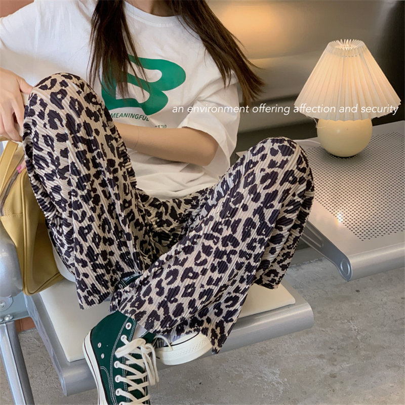 Pleated Leopard Stylish Straight Femme Prom Loose Party High Waist Summer Animal Printed Casual Pants 210421