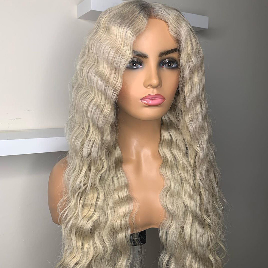 Long Blonde Synthetic Lace Front Wig Grey Colored Pre Plucked Deep Wave Frontal Simulation Human Hair Wigs For Women
