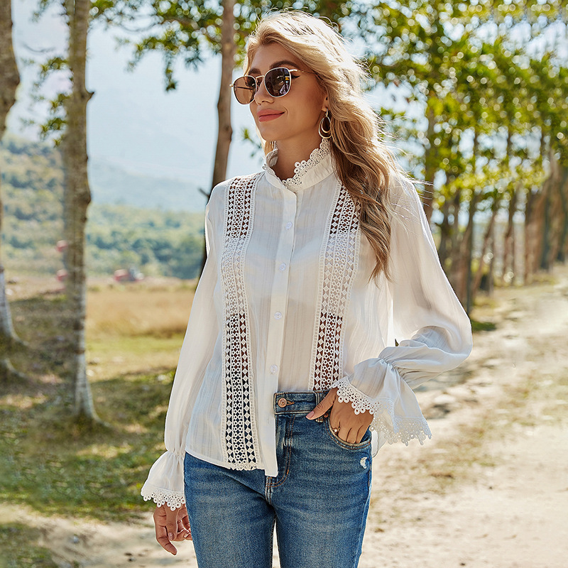 Women Hollow Lace Patchwork Blouses Elegant Stand Neck Flare Long Sleeve White Shirts Spring Single Breasted Office Ladies Tops 210522