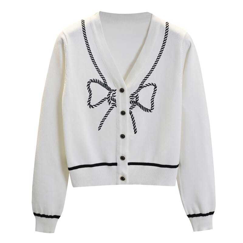 Nomikuma Bowknot Embroidery Knitted Cardigan Women Autumn New Short Knitwear Causal Long Sleeve V-neck Sweater Coat 6C540 210427