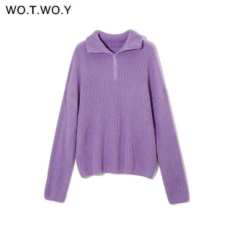 WOTWOY Autumn Winter Thickening Knitted Sweater Women Casual Zipper Polo Collar Loose Knitted Pullovers Female White Jumper 211109