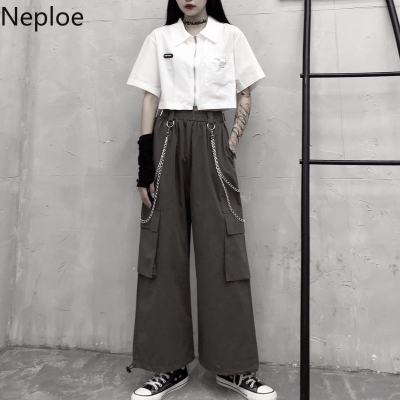 Neploe Wide Leg Cargo Pants Women Harajuku Streetwear Trousers High Waist Loose Pantalon Pockets Straight Casual Sweatpants 210422
