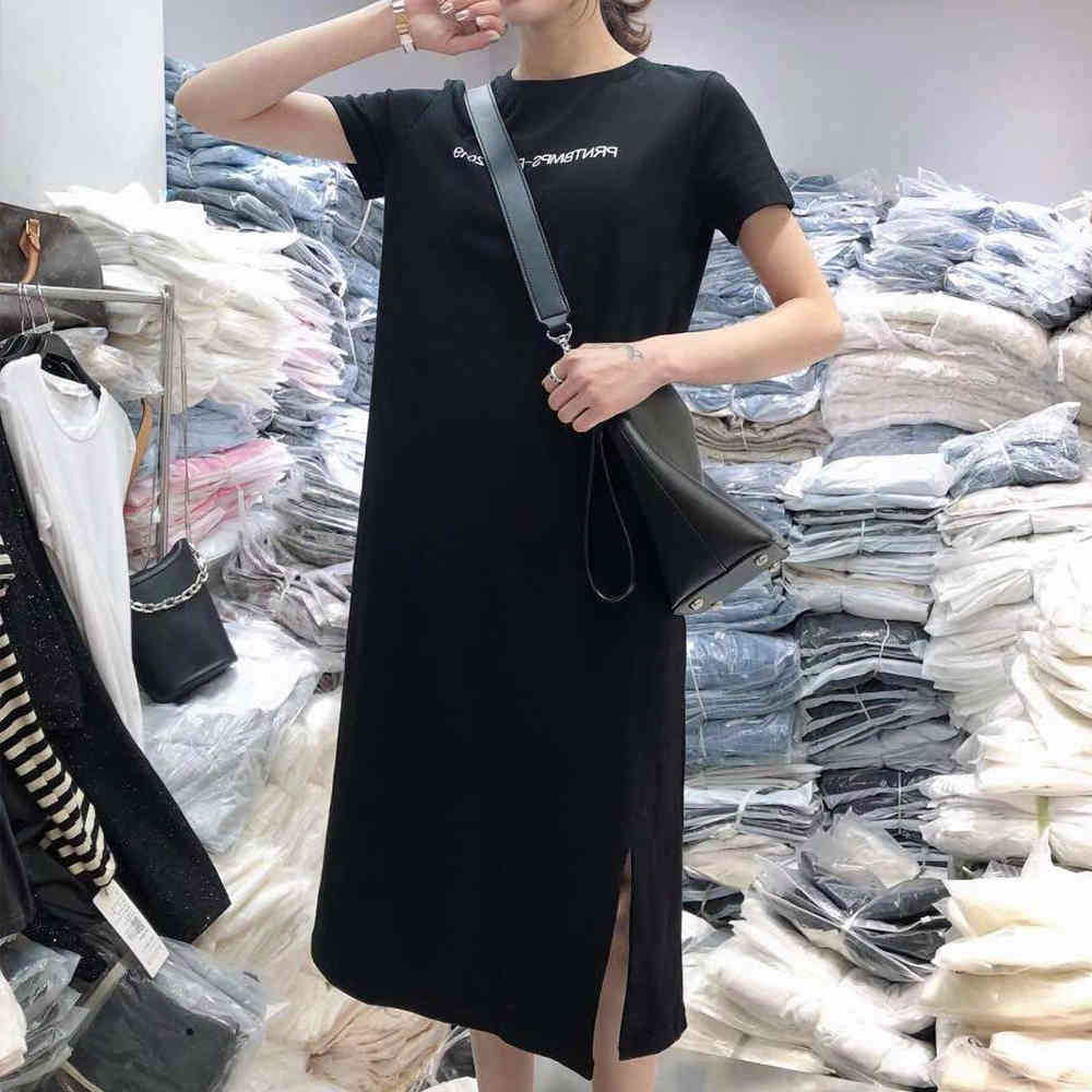 Summer Long Casual Dress for Women Loose Short Sleeve Straight Solid Letter Beach Maxi Dress Plus Size Ladies Shirt Dress 210518