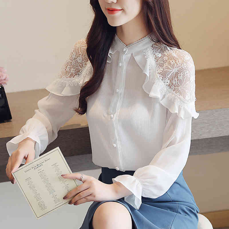 Korean Office Lady Lace Tops White Loose Blouse Solid Stand Collar Chiffon Women Spring Long Sleeve Shirt 7959 50 210506