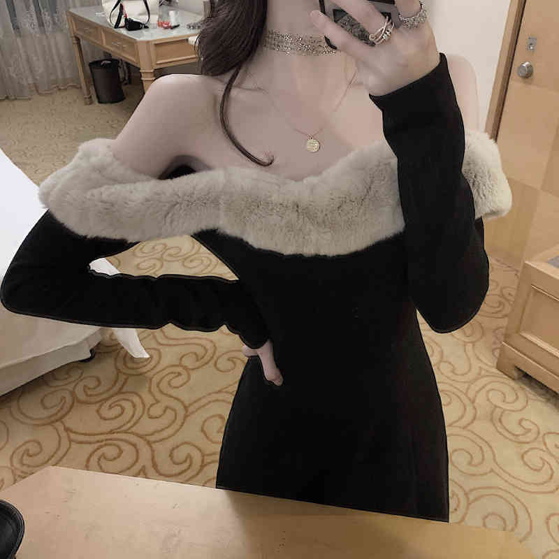 Elegant Vintage Dress Women Long Sleeve Sexy Fur Collar Evening Party Black Dress Female Dress Korean Autumn Chic 210521