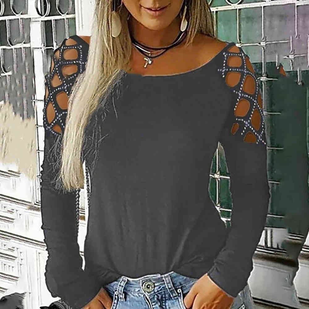 Hollow Out Women T-shirt Tops Autumn Fall Long Sleeve Casual Solid Lady T Shirt Tee Shirt Female Tops Plus Size S - 5XL D30 210406