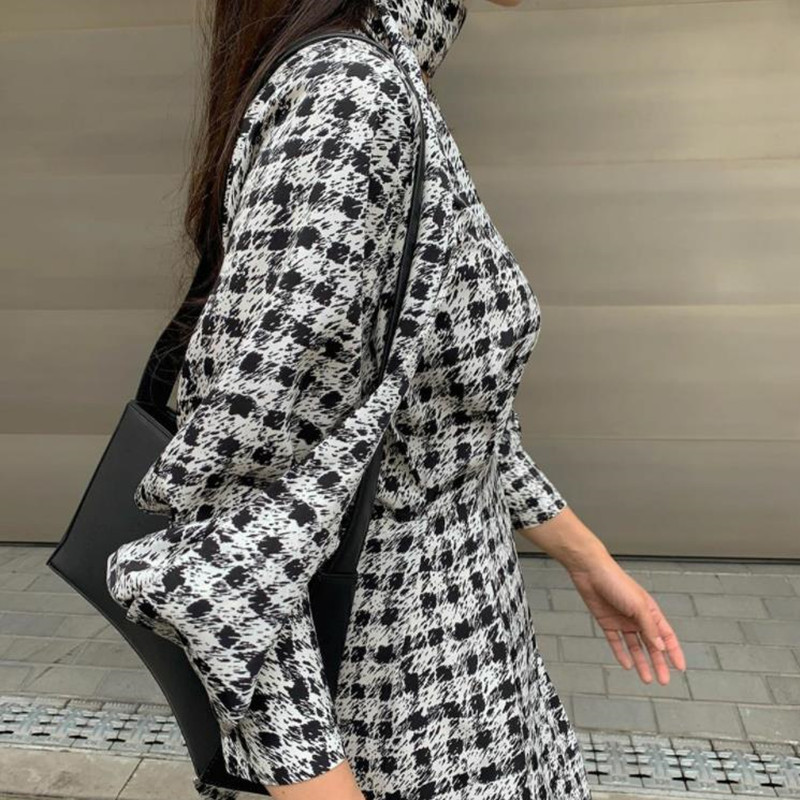 Minimalist Autumn Dress Women Vintage Classic Black and White Print Elegant OL Work Wear Long Dresses Vestidos 210421