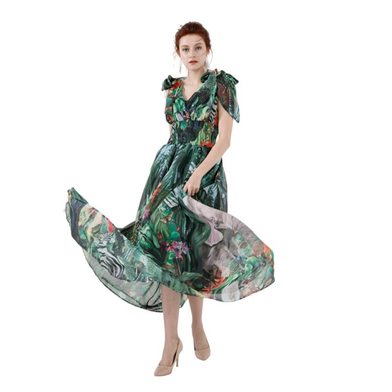 VKBN Summer Dress Women Sleeveless Bow V-Neck Fashion Leaves and Animals Printing Long Dresses for Women Elegant 210507