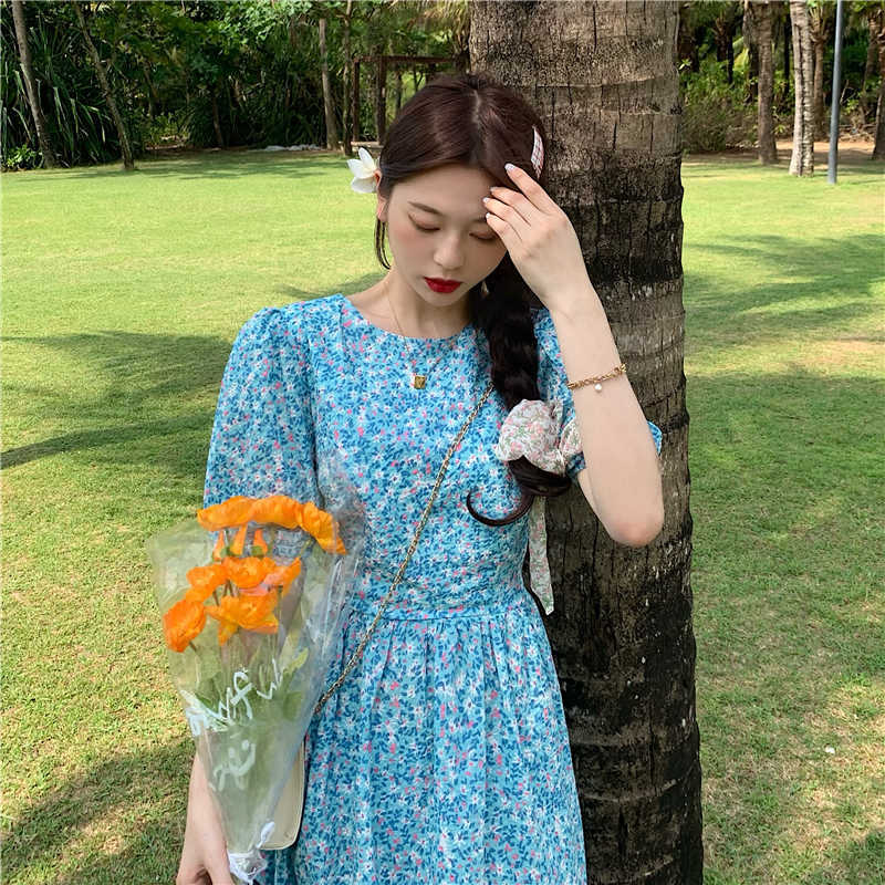 Woman Dress Korean Floral Elegant Slim Waist Puff Sleeve Vestidos Femme Bow Bandage Backless Dresses 6H383 210603