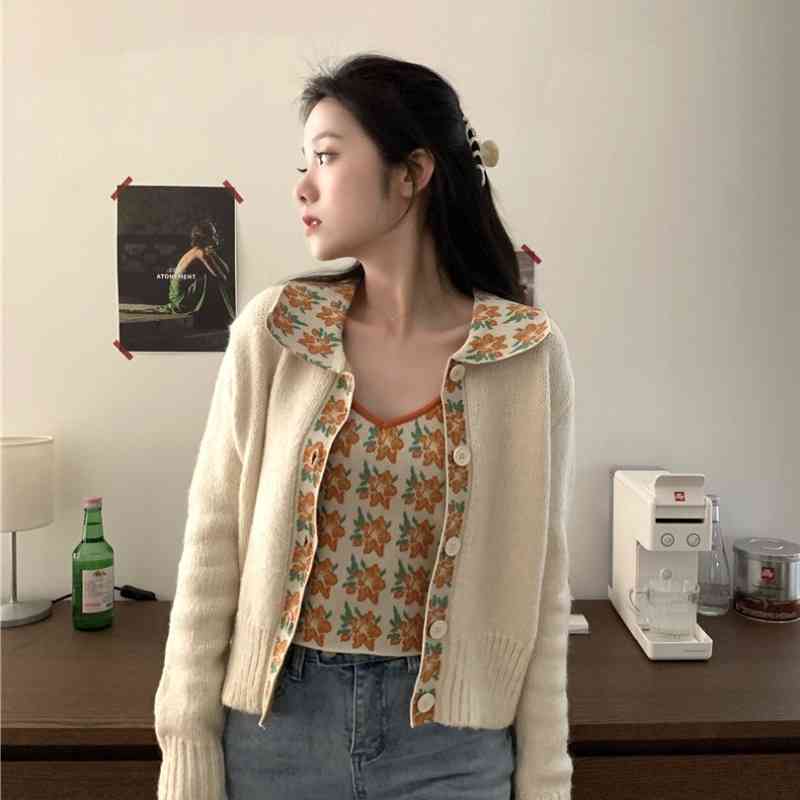 Sweaters Jumpers Floral Print Camisole Sexy Tops Retro Fashion Sweet Long Sleeve Peter Pan Collar Cardigan Flower Knitted Jacket 210429
