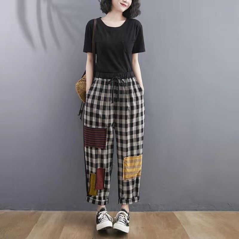 Arrival Summer Women Loose Casual Elastic Waist Ankle-length Pants Plaid Cotton Linen Patchwork Harem W207 210512