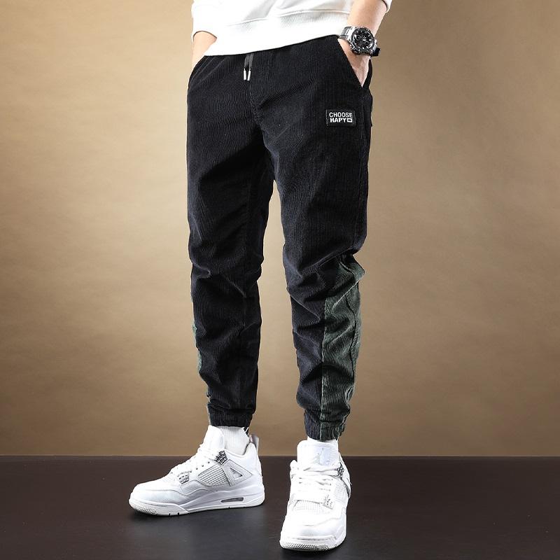 Corduroy Pants Men Fashion Patchwork Loose Joggers Black Elastic Waist Drawstring Trousers Men's