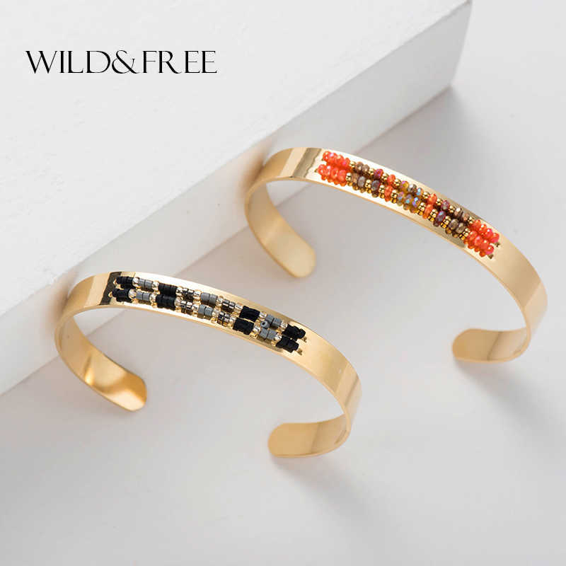 Wild & Free Gold Wide Open Couple Bangles for Women Men Handmade Inset Seed Beads Big Bangles Bracelets Stainless Steel Jewelry Q0719
Wild & Free Gold Wide Open Couple Bangles for Women Men Handmade Inset Seed Beads Big Bangles Bracelets Stainless Steel Jewelry Q0719