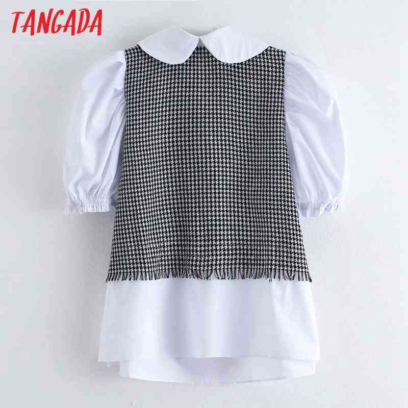 Women Retro Tweed Patchwork Puff Short Sleeve Chic Female Blouse Shirt Tops 6H15 210416