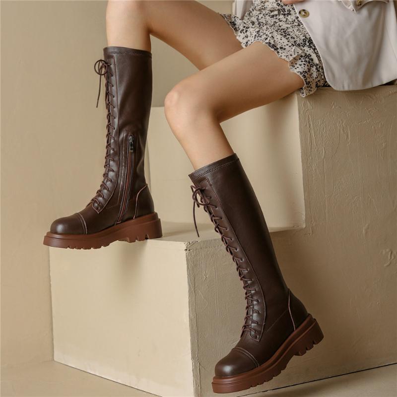 Boots Women Lace Up Genuine Leather Flat With Knee High Female Thigh Round Toe Platform Pumps Shoes Casual