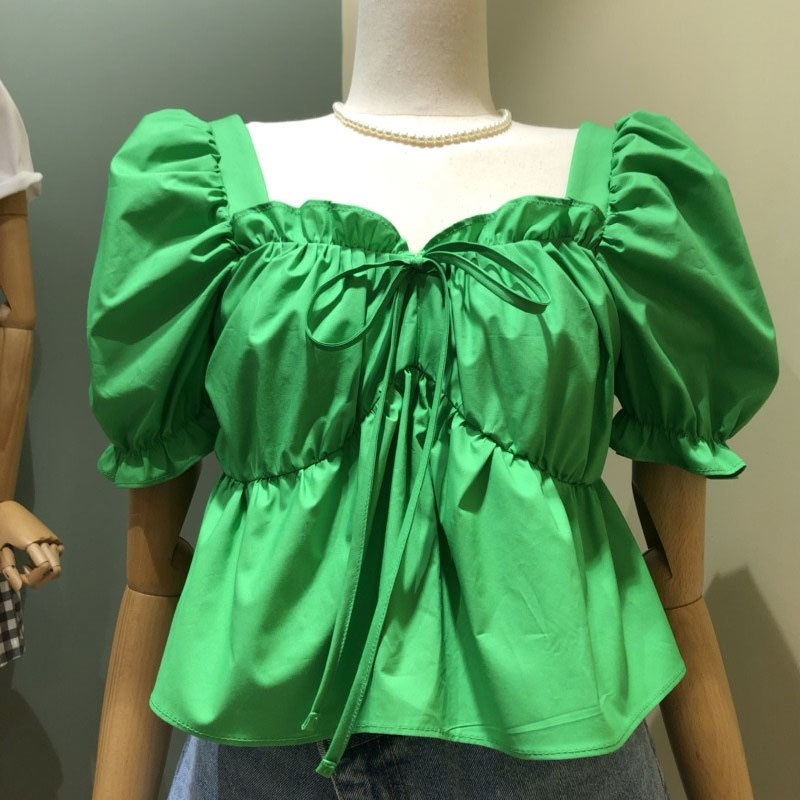 Nomikuma Sweet Short Blouse Shirt Bow Tie Square Collar Puff Sleeve Womens Tops Summer New Sweet Ruffle Blusas Femme 6H182 210427