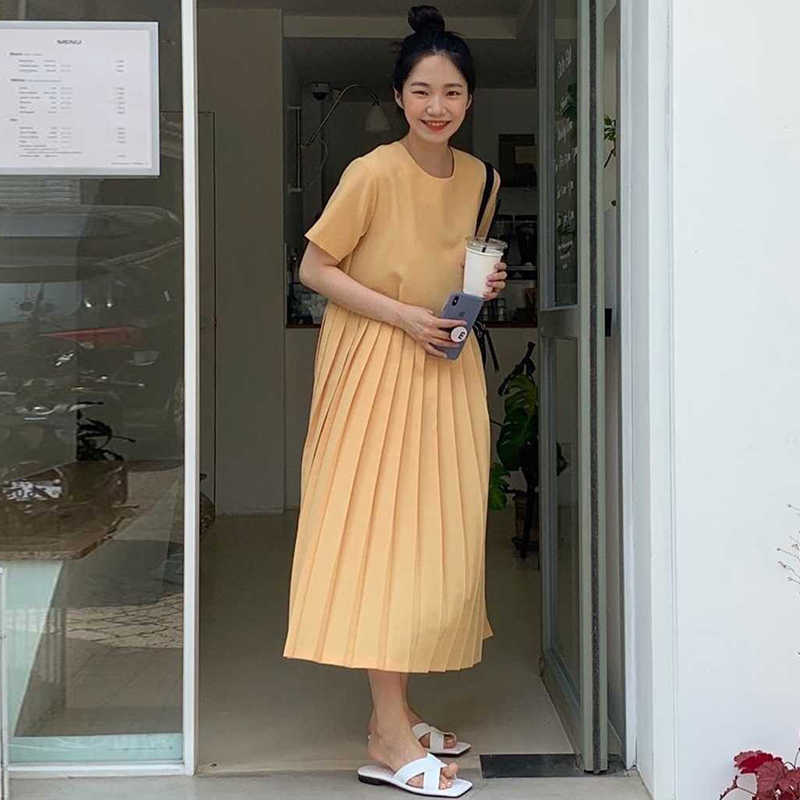 Korejpaa Women Dress Summer Korean Chic Ladies Age-reducing Sweet Round Neck Loose Solid Color Versatile Pleated Vestidos 210526