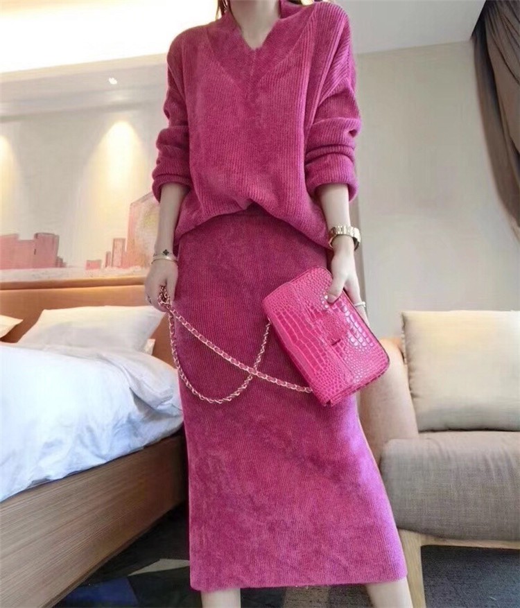 Fashion Autumn Women Two Piece Set Ladies knitting Hooded pullover Tops+high waist Midi Skirt Casual 210519