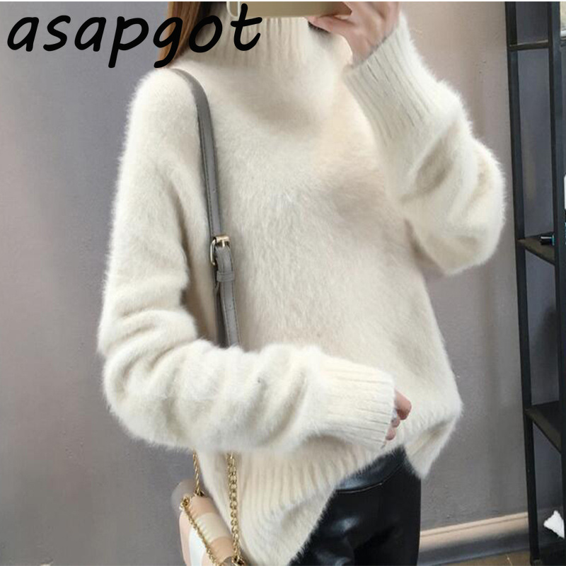Minimalism Mohair Fashion White Half Turtleneck Plus Size Winter Sweaters Chic Korean Loose Outwear Knitwear Tops Pull Solid 210429