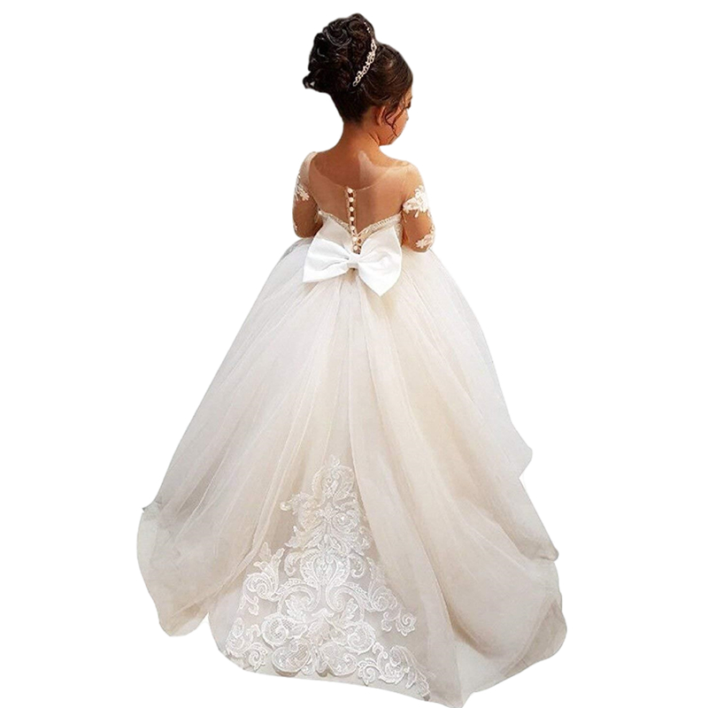 Princess Long Sleeve A Line Little Flower Girls Dresses For Wedding Bow Back Lace Tulle Kids Toddler First Communion Gowns Prom Pagenat Dress Brithday