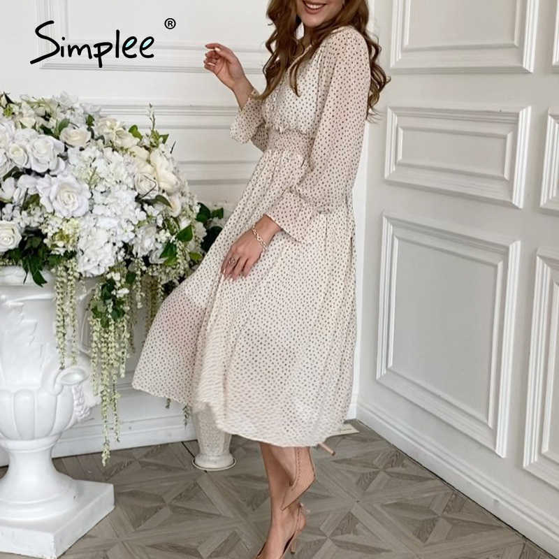 casual flare sleeve dres Elegant V-neck Polka Dot print sash dress A-Line holiday female midi dress autumn 210630