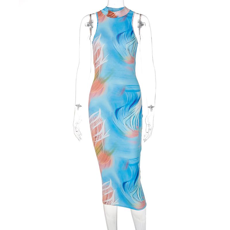 Casual Dresses Dulzura Tie Dye Print Women Sleeveless Backless Midi Dress Bodycon Sexy Streetwear Party Elegant Club 2021 Autumn Winter Y2K