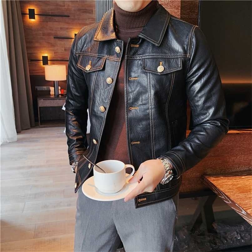 High Quality Autumn Winter Korean Slim Fit Single Breasted Turn Down Collar Motorcycle PU Leather Jacket Men Clothing Coats 211119