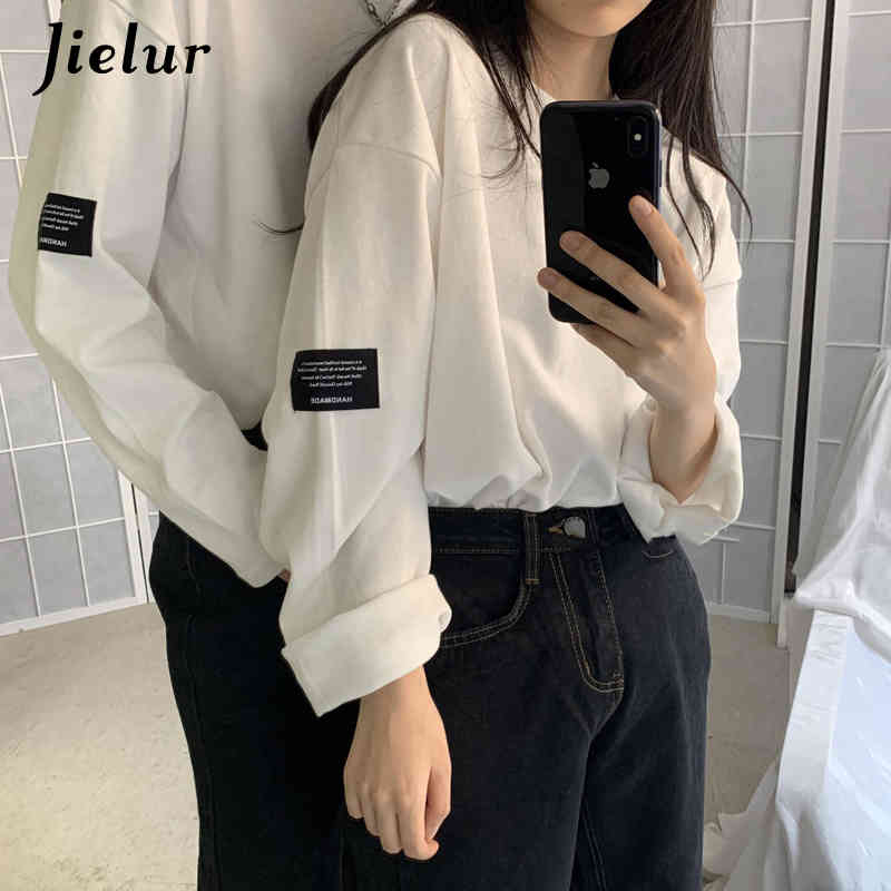 Jielur Korean Style Fashion Long Sleeve T-shirt Women Harajuku BF T-shirts Spring Loose Couple Tees White Top Hipster Clothing 210406