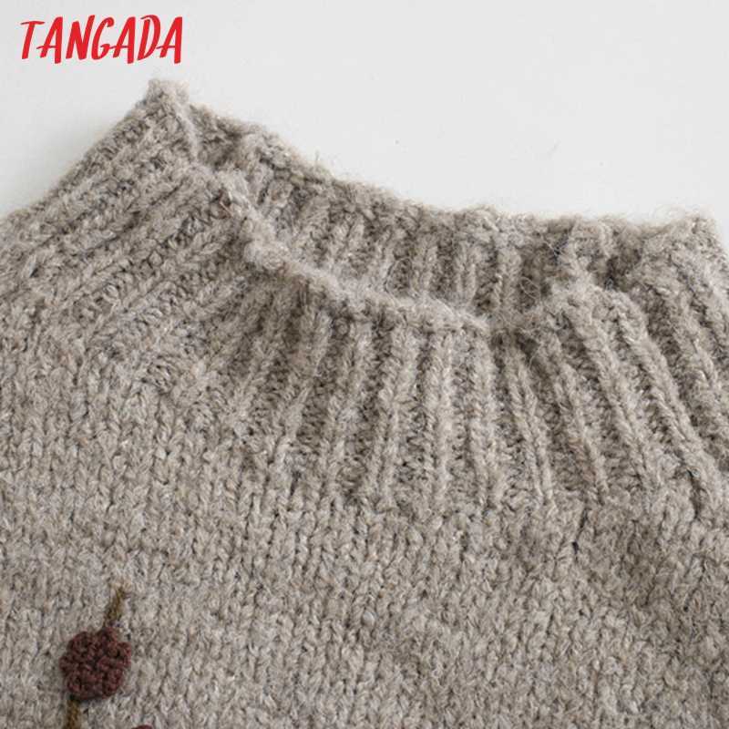 Tangada Women Beading Flowers Turtleneck Sweater Jumper Female Elegant Oversize Pullovers Chic Tops 3L68 210918