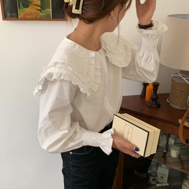 Fashion Long Sleeve White Shirt Women Peter Pan Collar Ruffles Vintage 's Shirts Casual Cotton Blouse Blusa 12392 210508