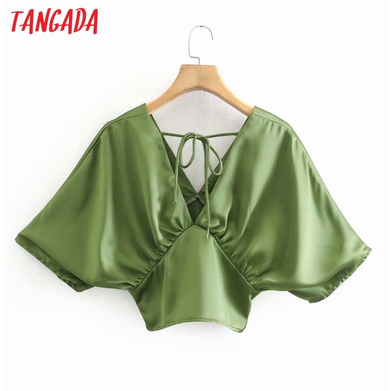 Women Retro Green Backless Shirt Summer Blouse Bow Short Sleeve Chic Female Tops XN326 210416