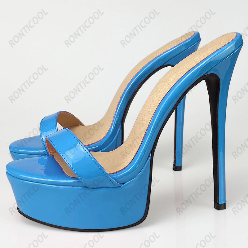 Rontic Handmade Women Platform Mules Sandals Patent Stiletto High Heels Open Toe Pretty Fuchsia Red White Shoes US Size 5-20