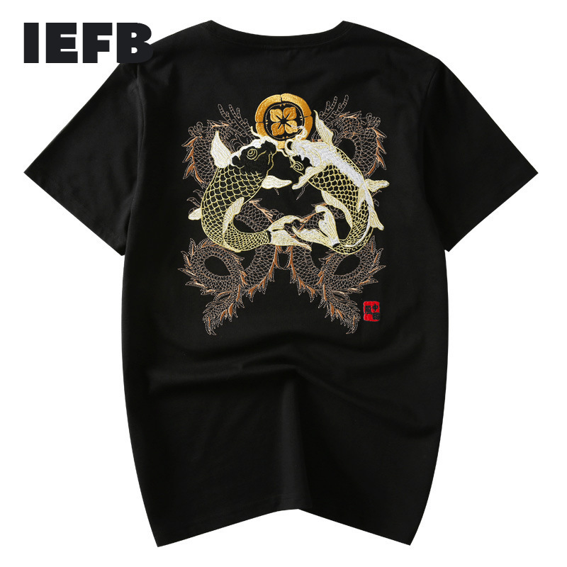 IEFB Summer Men's T-shirt Short Sleeve Round Neck Chinese Style Double Carp Embroidery Pattern Cotton Tee Tops Man 9Y5873 210524