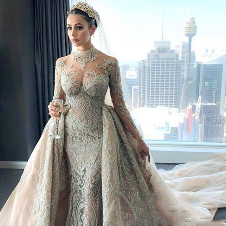 Mermaid Arabic Champagne Wedding Dresses With Detachable Train High Neck D Lace Long Sleeves Muslim Bridal Gowns Bg Robe De Marie 6660306