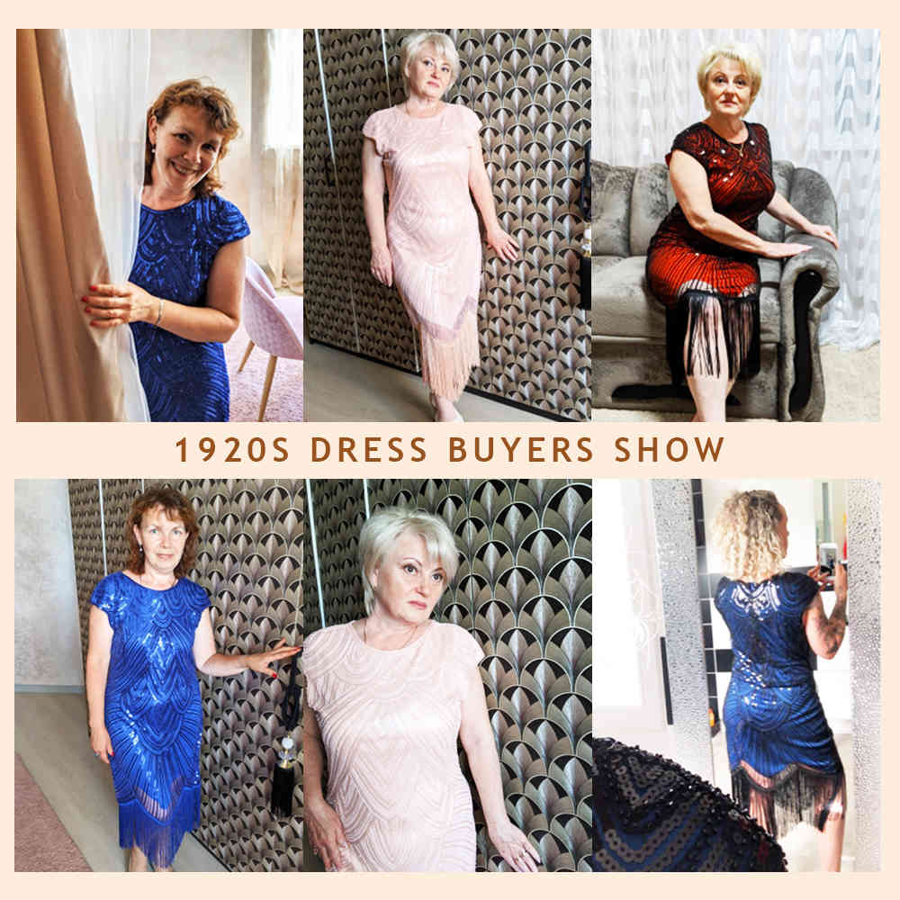 Womens 1920s Vintage Flapper Great Gatsby Party Dress V-Neck Sleeve Sequin Fringe Midi Dresses Summer Art Deco Embellished 210331