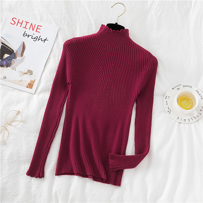 Knitted Women Ruffle Turtleneck Sweater Pullovers Casual Solid Autumn Winter Basic Womens Sweaters Slim Fit Jumpers 210519