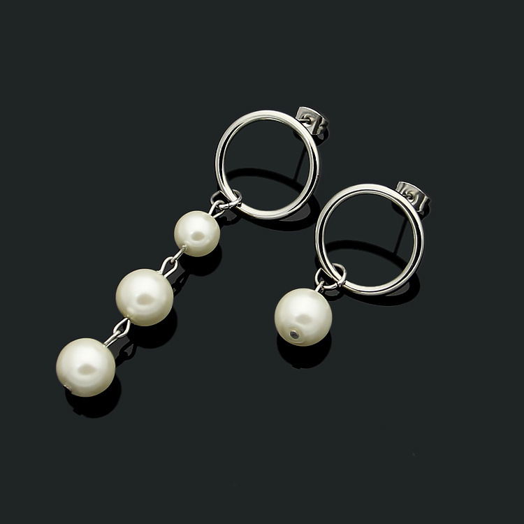 fashion Stainless steel asymmetrical three pearl earrings women's circle earrings